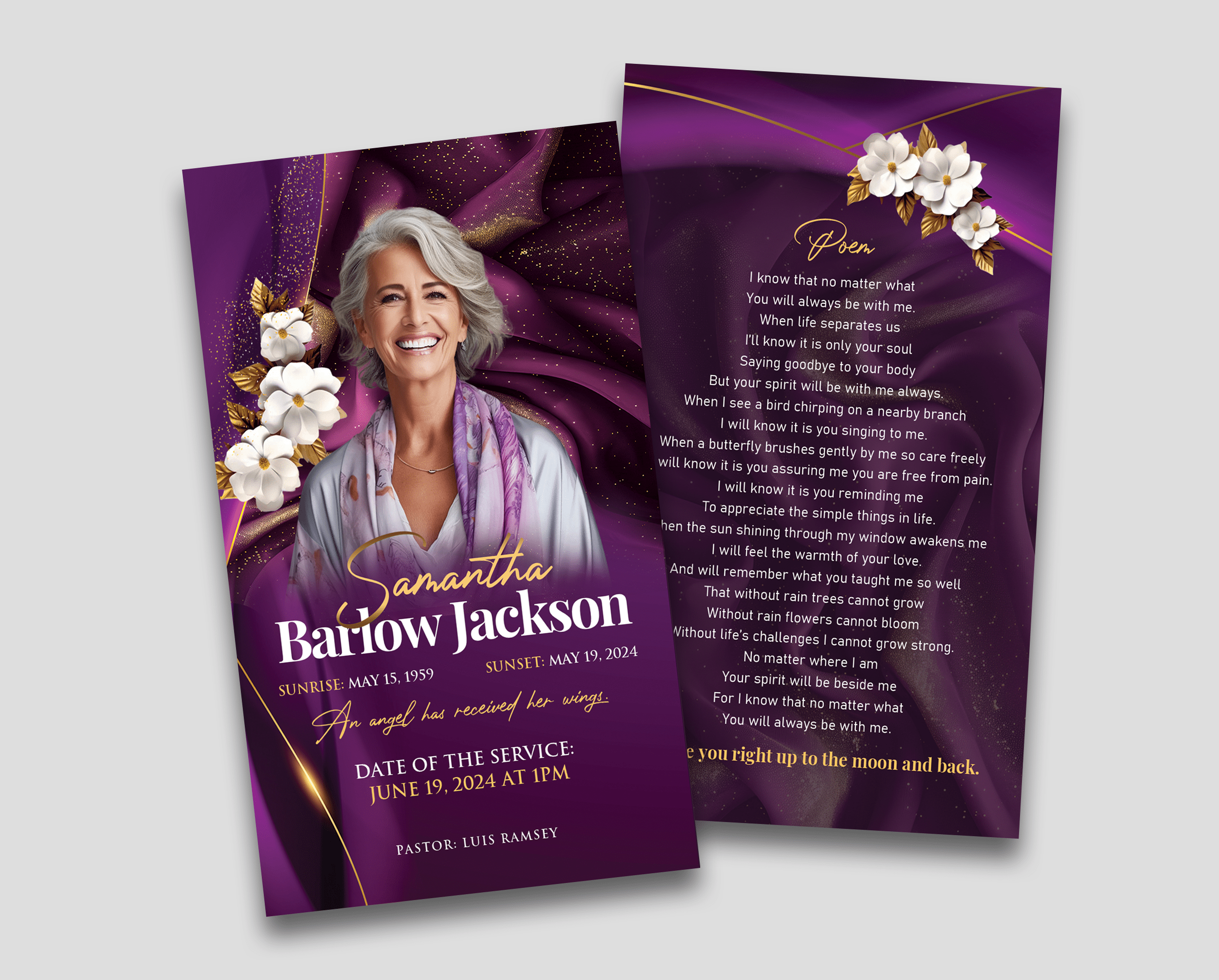 Purple Blossom Funeral Prayer Cards Design