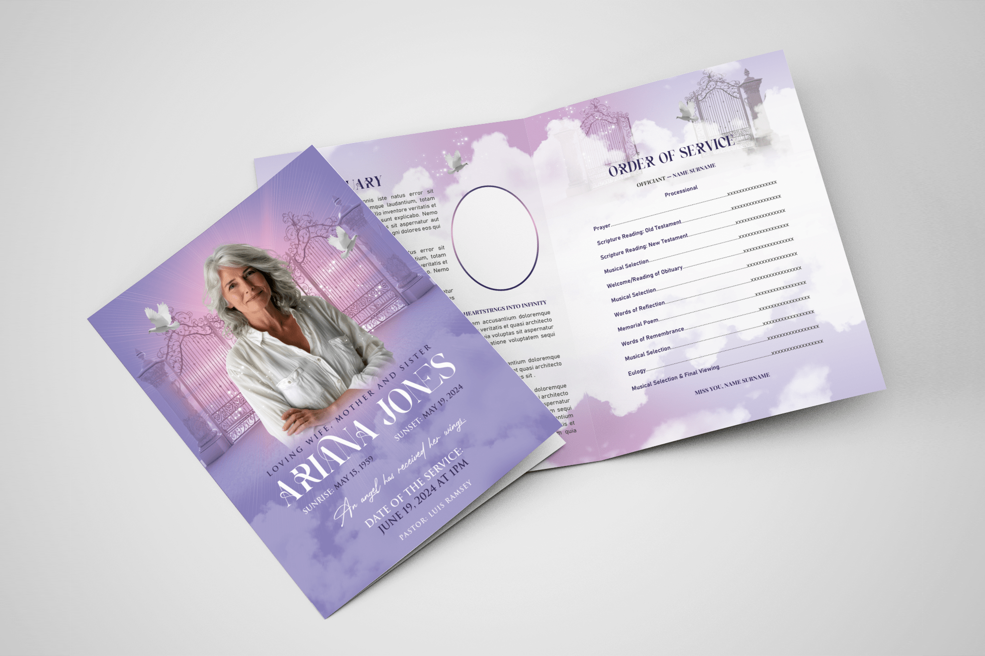 Purple Heaven Gates Funeral Program Design