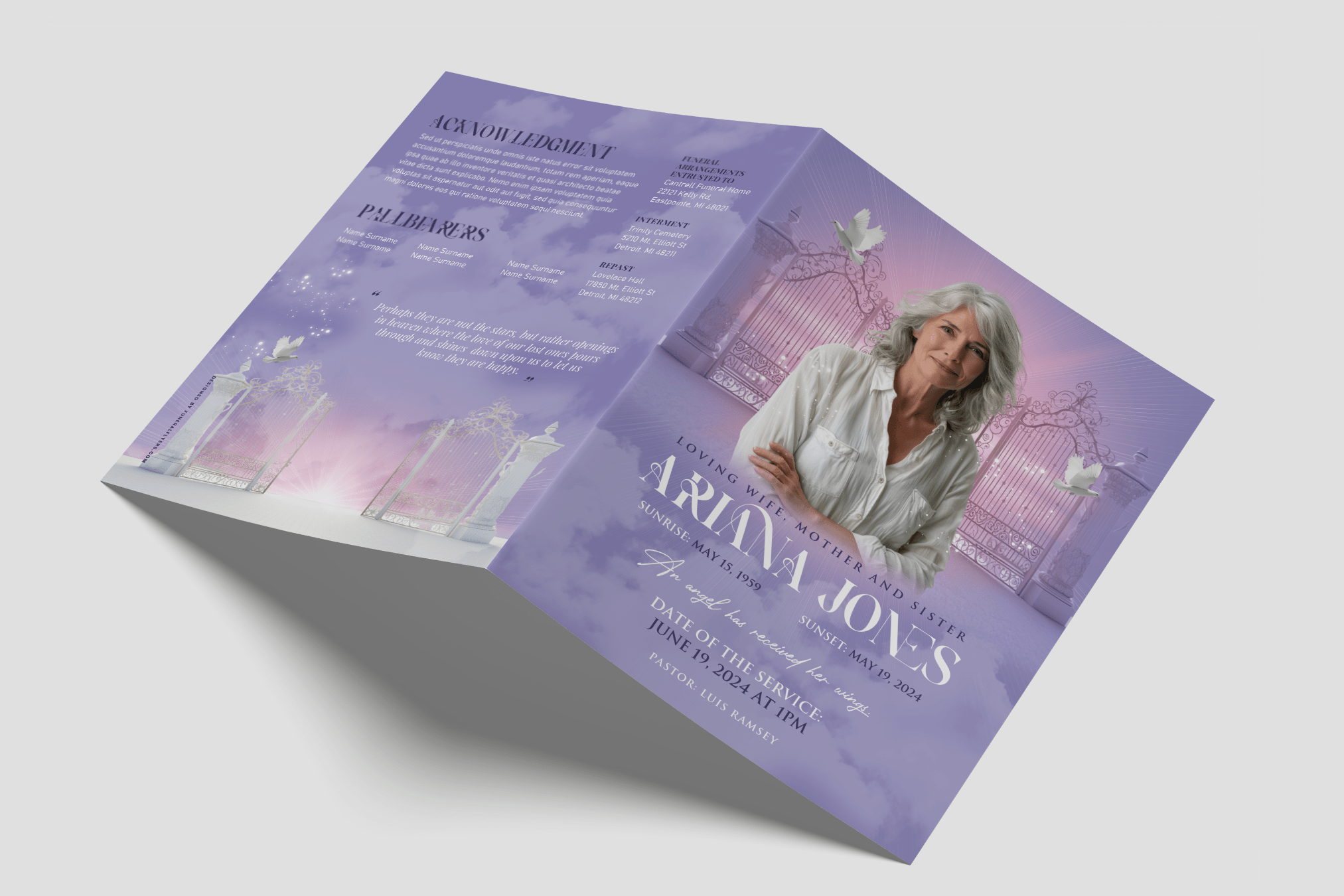 Purple Heaven Gates Funeral Program Design