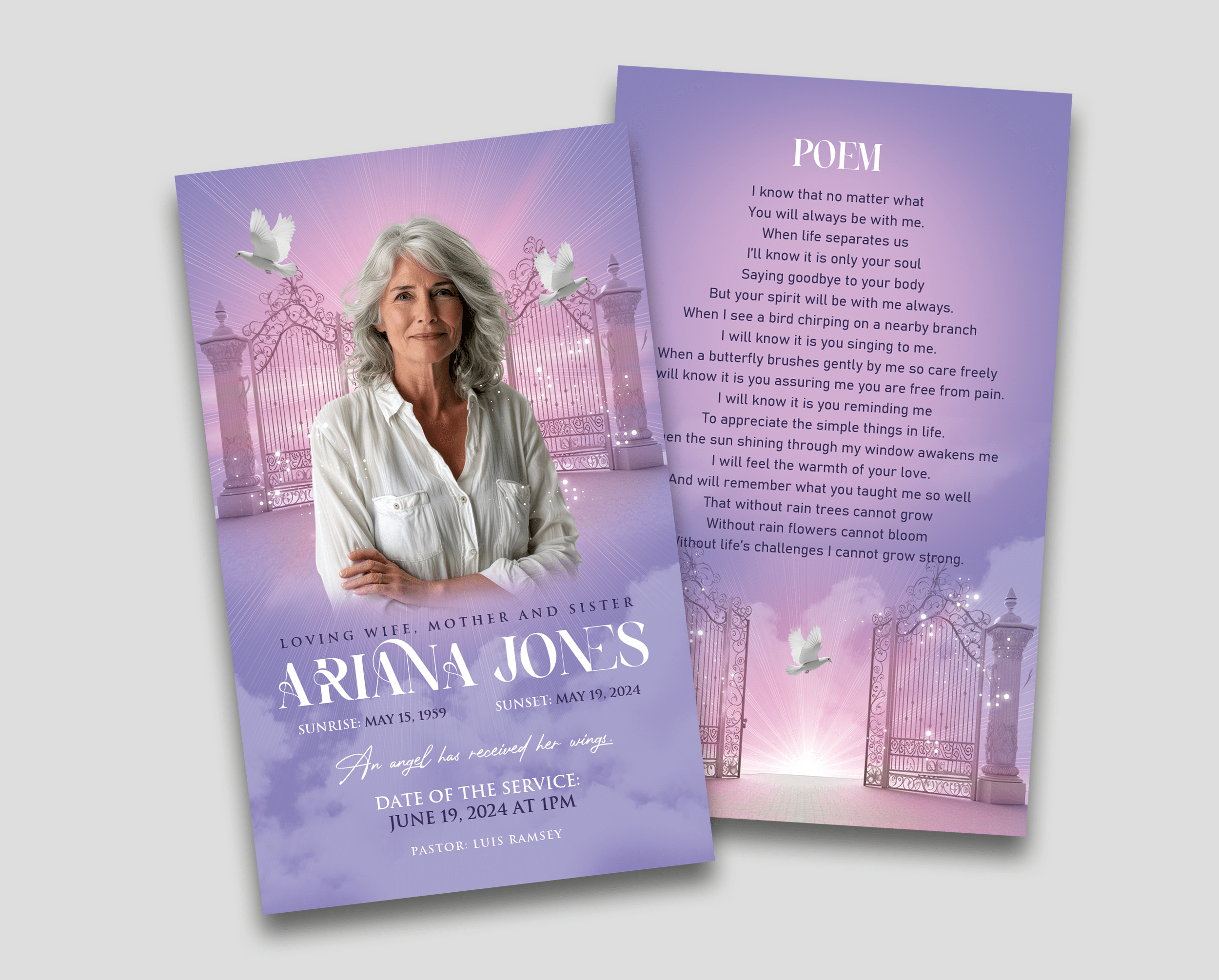 Purple Heaven Gates Funeral Prayer Card Design