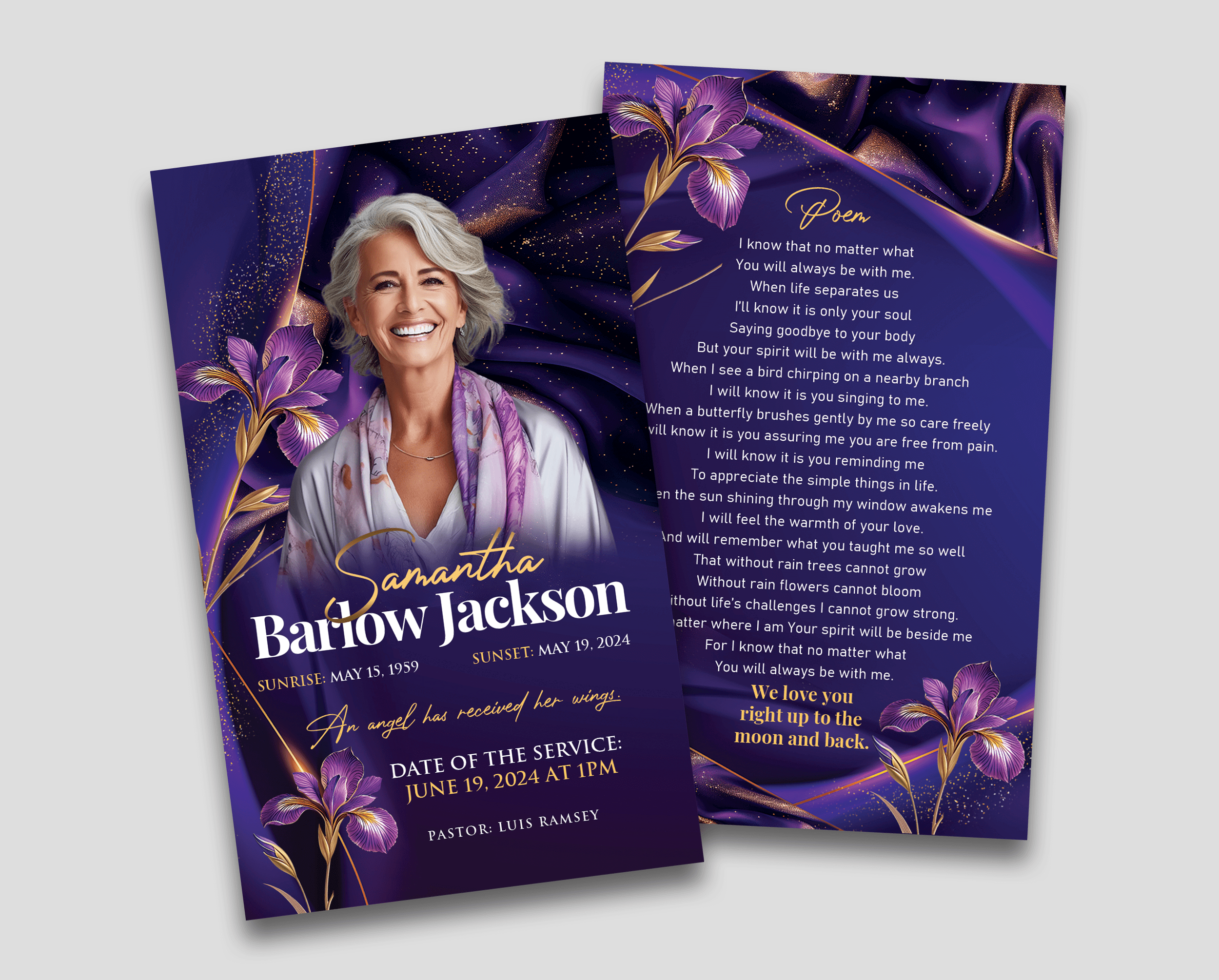 Purple Twilight Lily Funeral Prayer Card Design